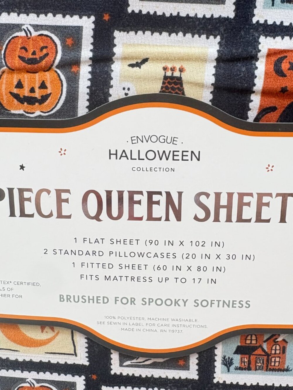 Envogue QUEEN Sheet Set Halloween Icons Stamps Cat Pumpkin Ghost Haunted House - Picture 7 of 7